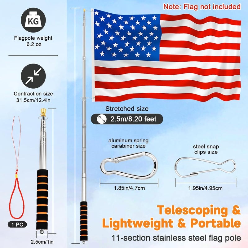 CATMOOW Portable Handheld Flag Pole for Carrying, 8.2Ft/2.5M Stainless Steel Telescopic Hand Held Carry Flagpole, Telescoping Tour Guide Flag Pole Extendable Hand Flagpoles for 3x5 4x6 flags with 4 Pcs Clips - Image 2